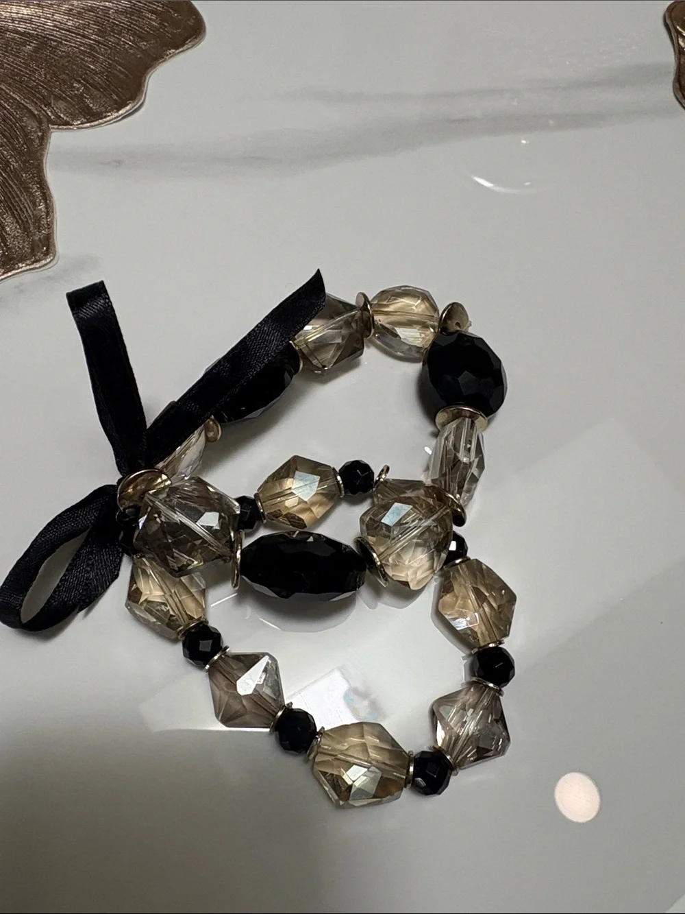 Elegant Black and Champagne glass  Beaded Bracelet with Ribbon Tie set of 2